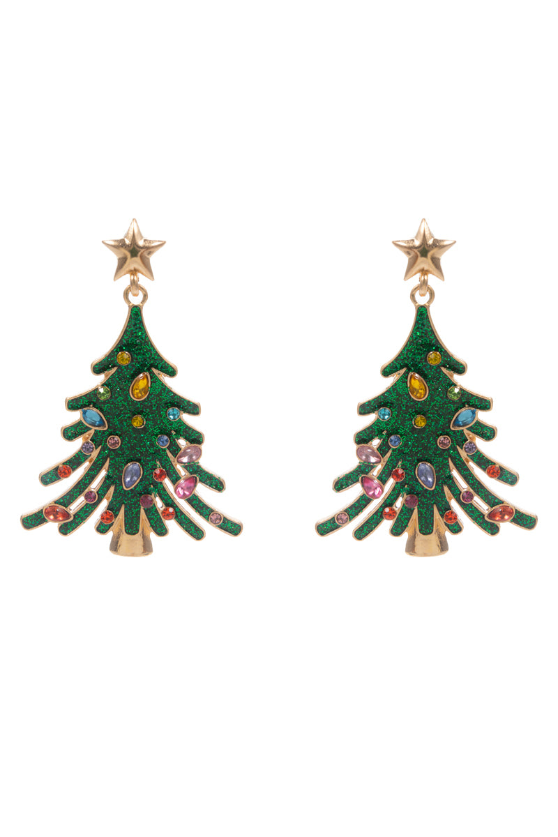 Green Enamel Christmas Tree with Rhinestones 2" Earring