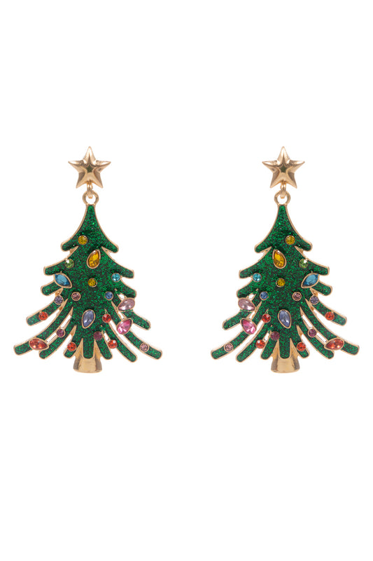 Green Enamel Christmas Tree with Rhinestones 2" Earring