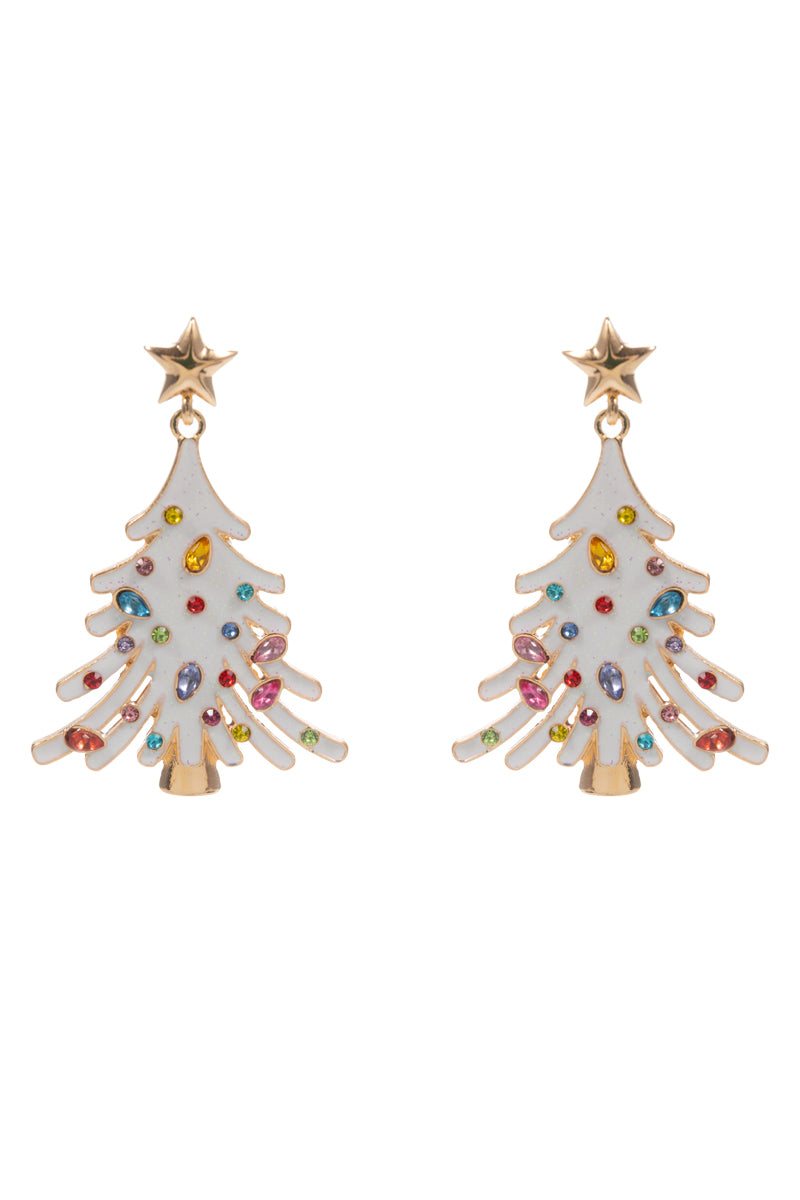 White Enamel Christmas Tree with Rhinestones 2" Earring