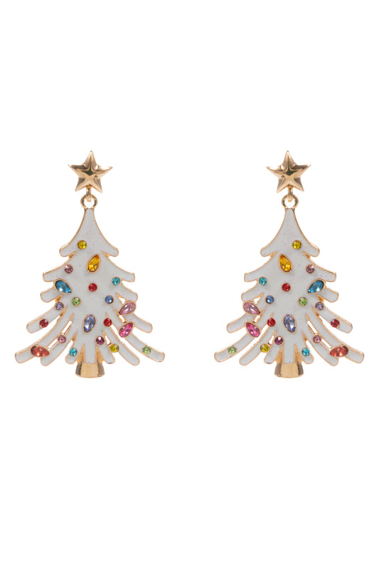 White Enamel Christmas Tree with Rhinestones 2" Earring