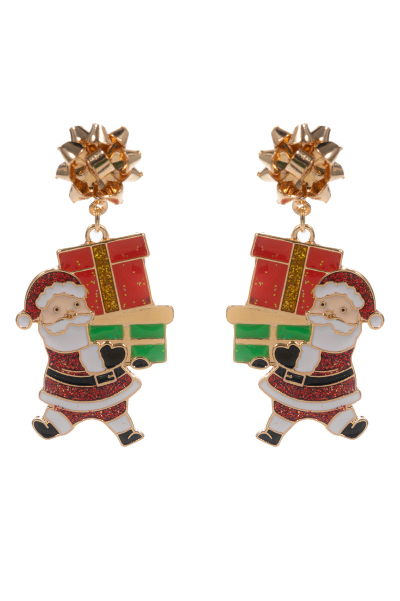 Santa Clause with Presents Color Coated Metal Christmas 2" Earring