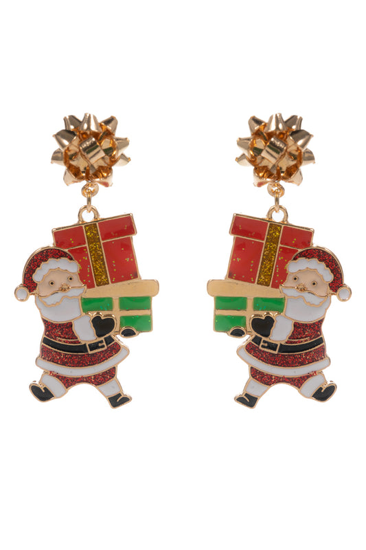 Santa Clause with Presents Color Coated Metal Christmas 2" Earring