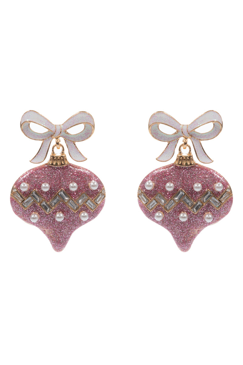 White Bow with Pink Glitter and Pearl Ornament 2" Christmas Earring