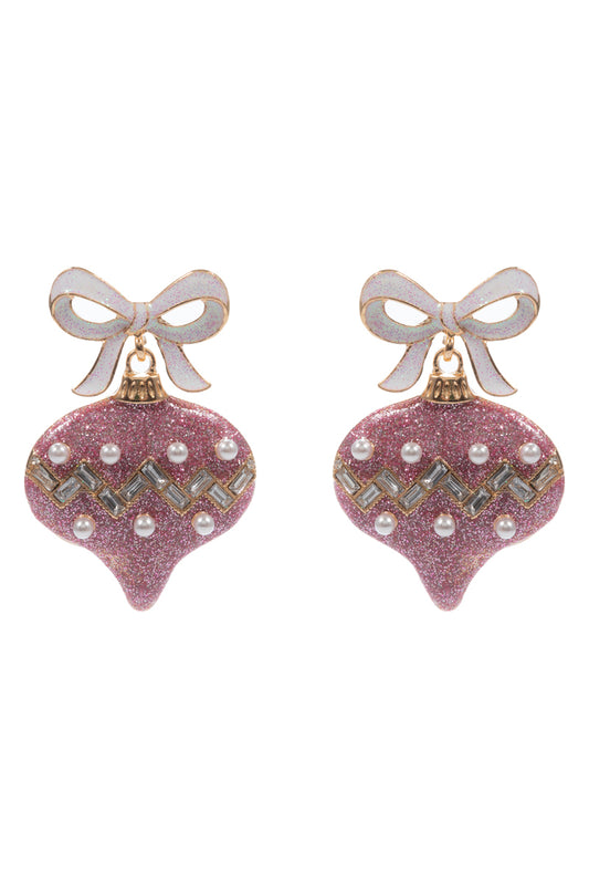 White Bow with Pink Glitter and Pearl Ornament 2" Christmas Earring