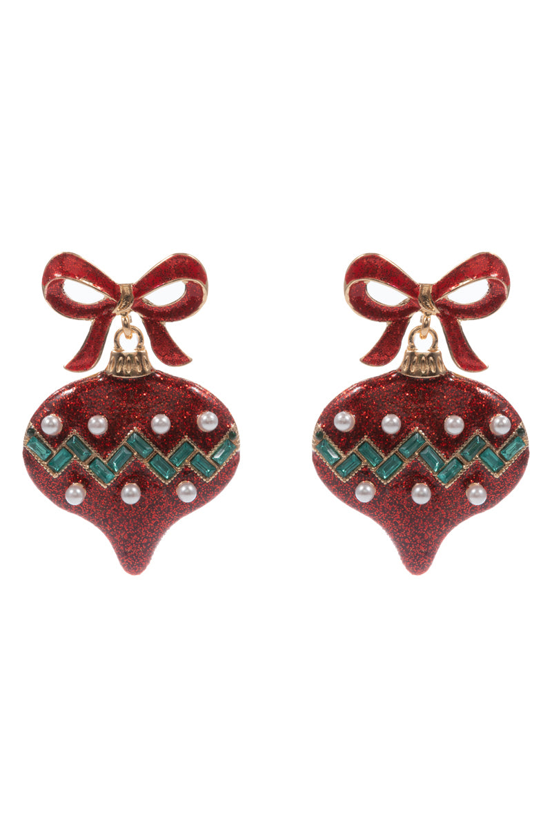 Red Bow with Red and Green Glitter Ornament 2" Christmas Earring