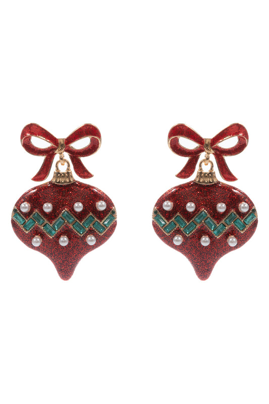 Red Bow with Red and Green Glitter Ornament 2" Christmas Earring