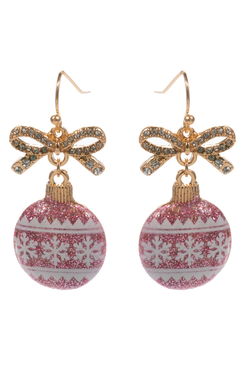 Gold Bow with Pink and White Glitter Ornament 2" Christmas Earring