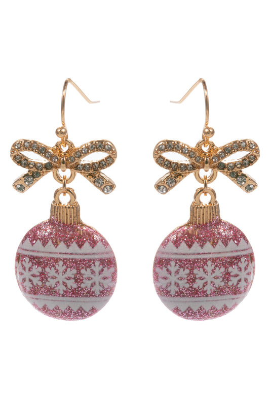 Gold Bow with Pink and White Glitter Ornament 2" Christmas Earring