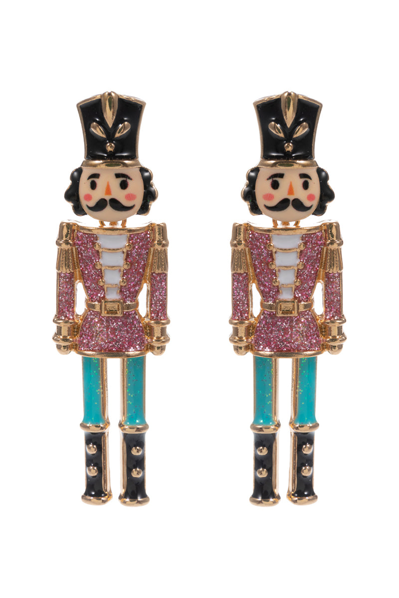 Pink Metal Color Coated Nutcracker 2" Christmas Earring