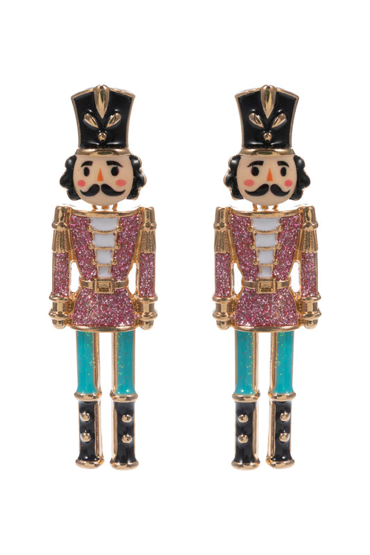 Pink Metal Color Coated Nutcracker 2" Christmas Earring