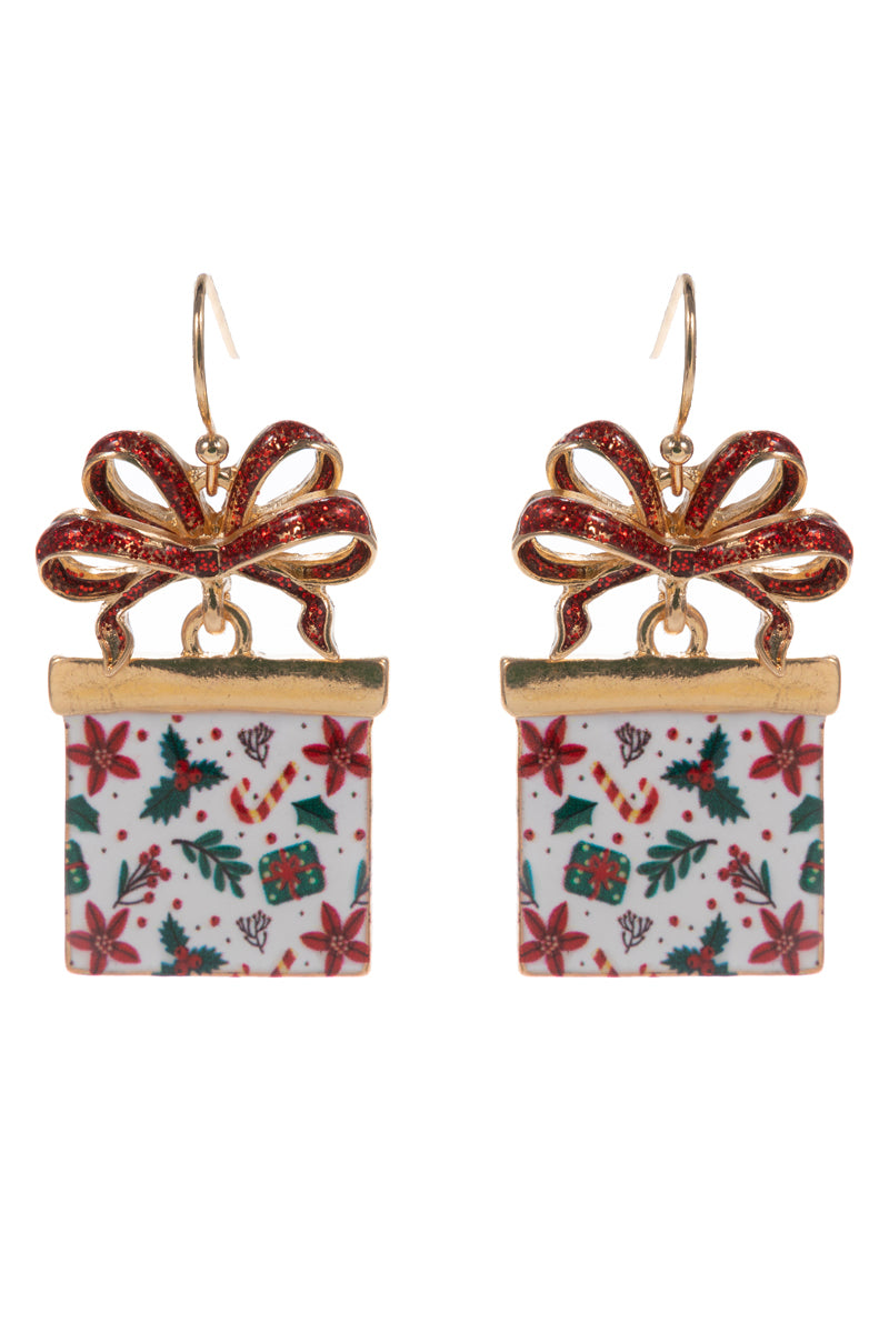Multi Red/Green/White Color Coated Metal Present Christmas 1.5" Earring