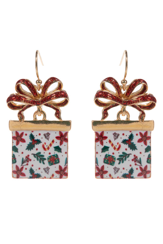 Multi Red/Green/White Color Coated Metal Present Christmas 1.5" Earring