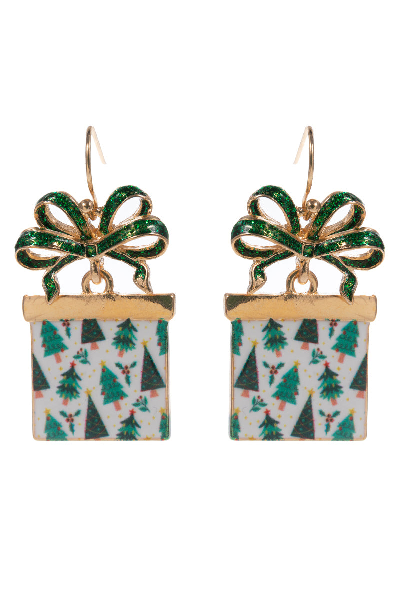 Green/White Color Coated Metal Present Christmas 1.5" Earring