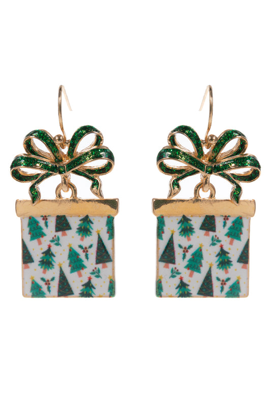 Green/White Color Coated Metal Present Christmas 1.5" Earring