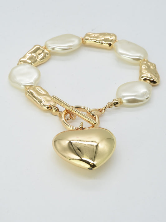 Flat Oval Pearl and Textured Gold Toggle Bracelet with Puffy Heart Charm