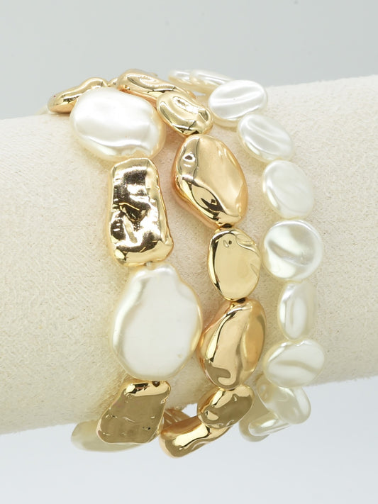 Set of 3 Textured Gold and Pearl Stretch Bracelets