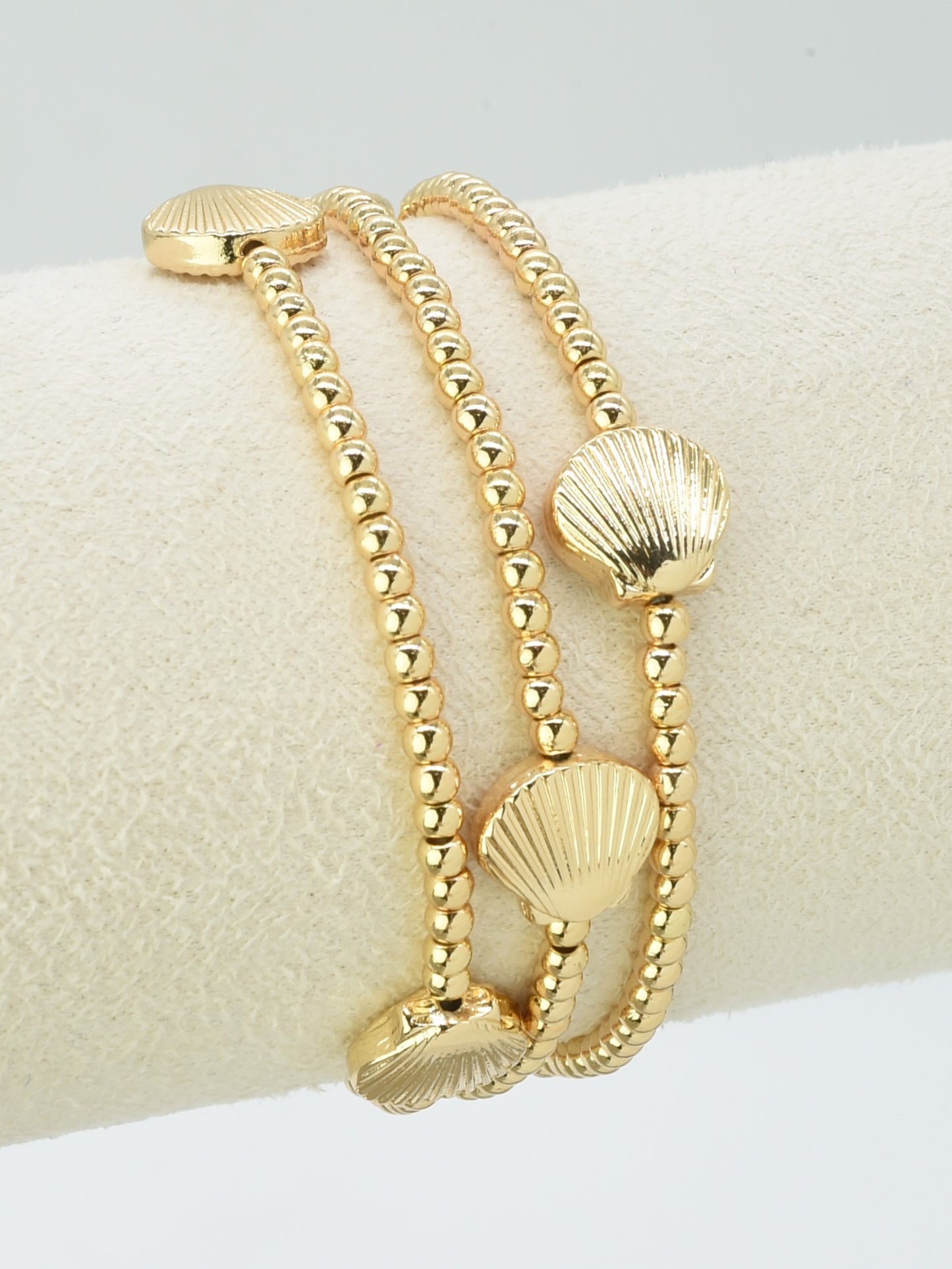 Set of 3 Gold Beaded with Gold Shell Stretch Bracelets