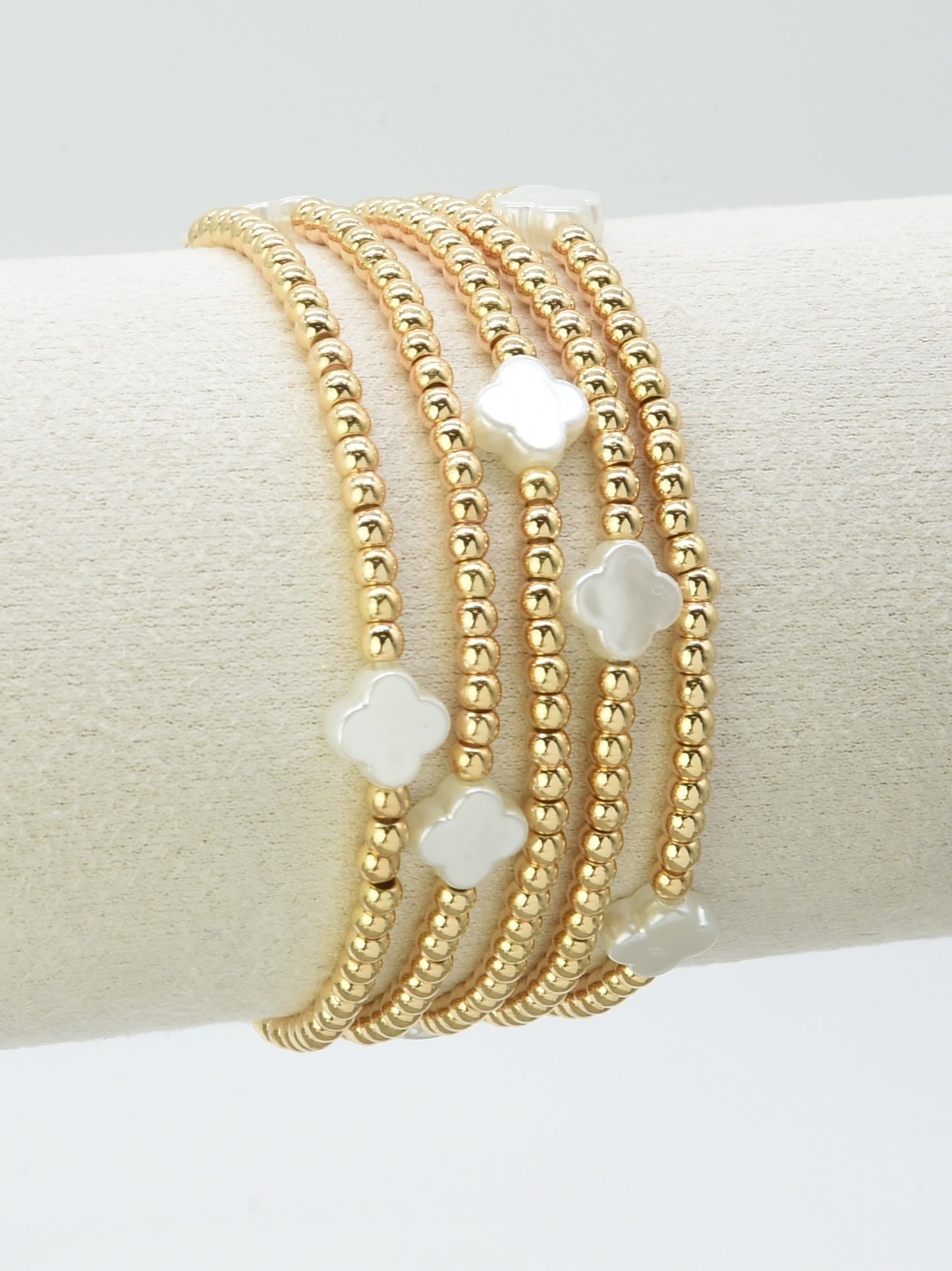Set of 5 Gold Beaded with Glass Shell Clover Stretch Bracelets