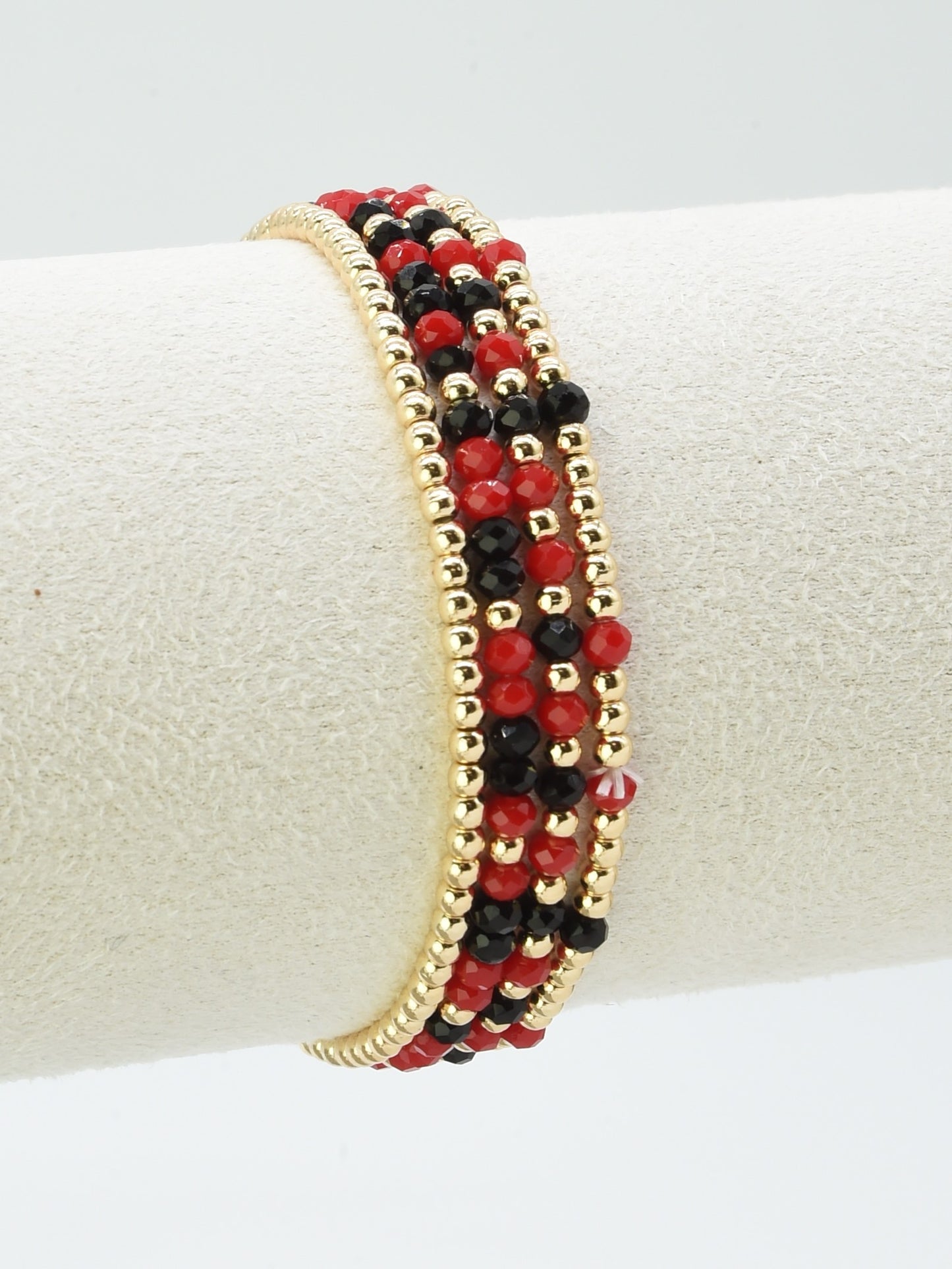 Set of 4 Red and Black Glass Bead and Gold Stretch Bracelets, Great for Gameday!