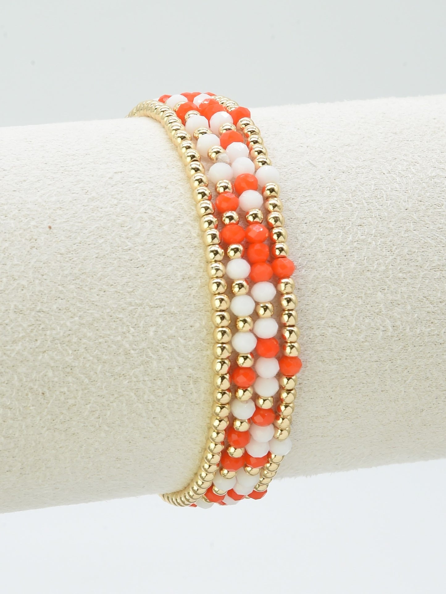 Set of 4 Orange and White Glass Bead and Gold Stretch Bracelets, Great for Gameday!