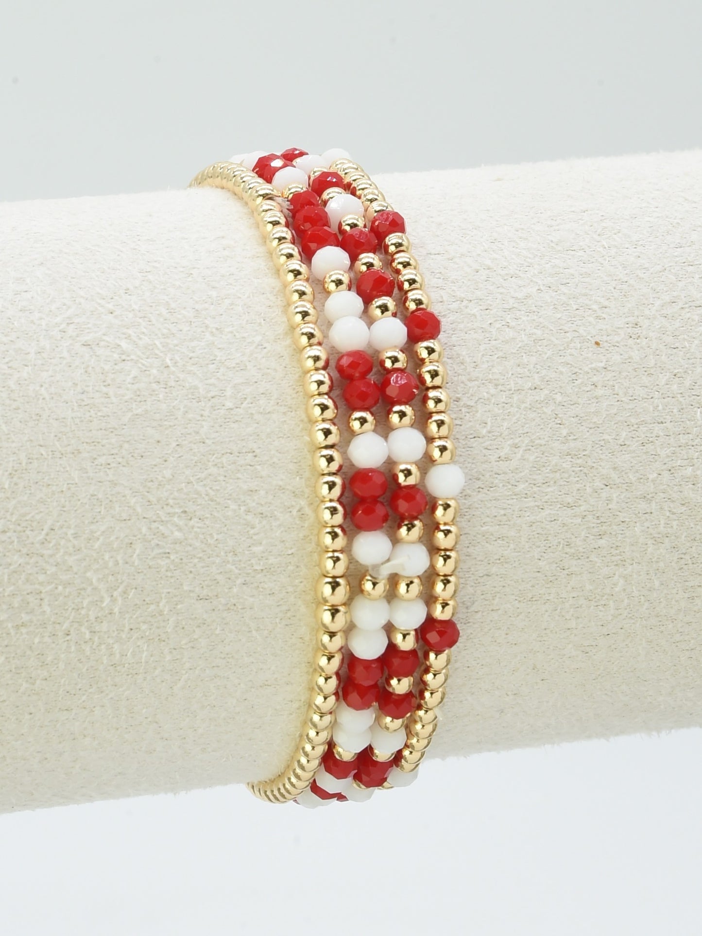 Set of 4 Red and White Glass Bead and Gold Stretch Bracelets, Great for Gameday!