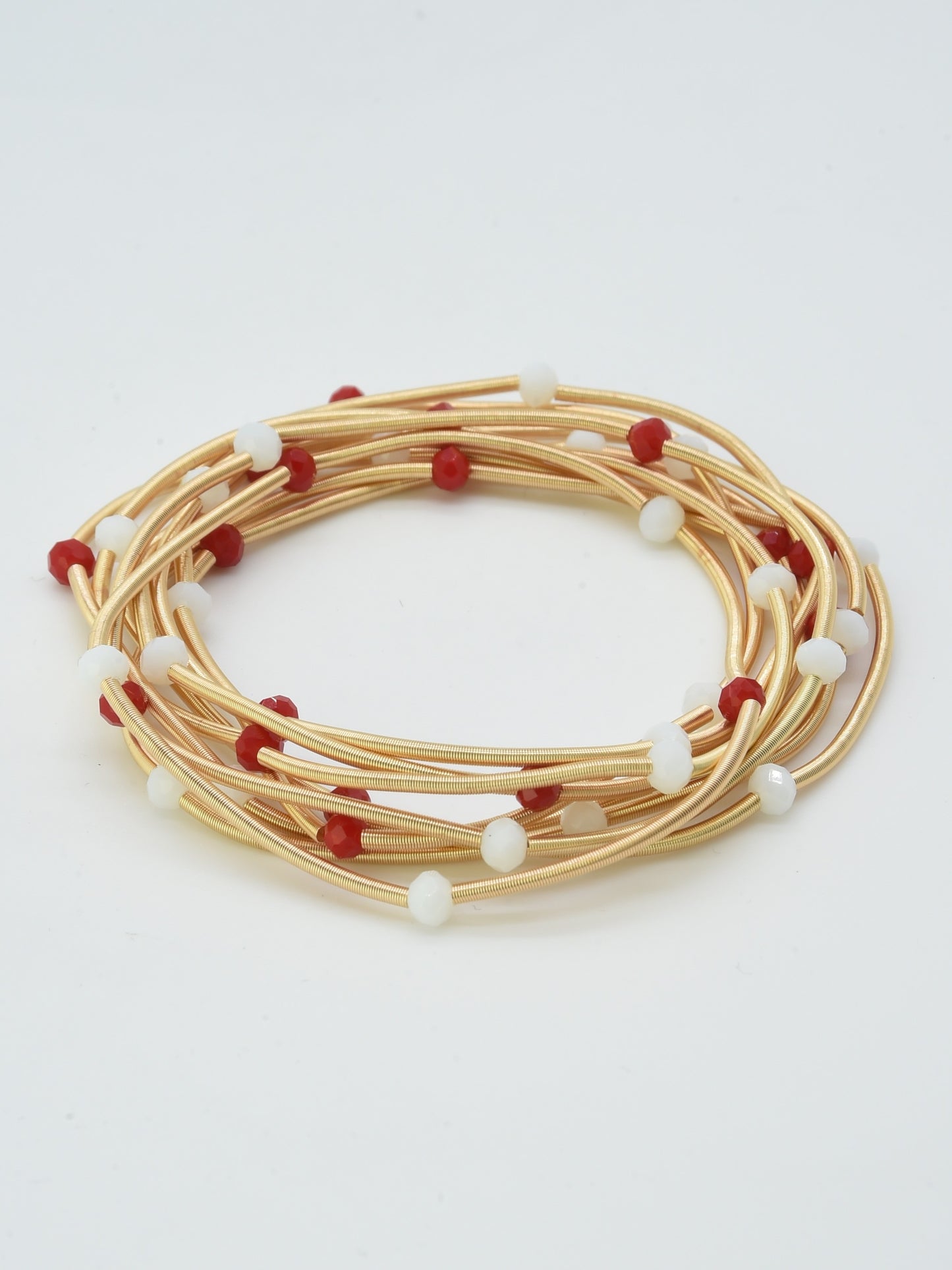 Set of 9 Gold Wired Stretch Bracelets with Red and White Gameday Crystal Accents, Best Seller!