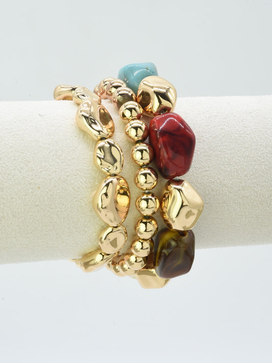 Multi Natural Stone and Gold Set of Three Stretch Bracelet
