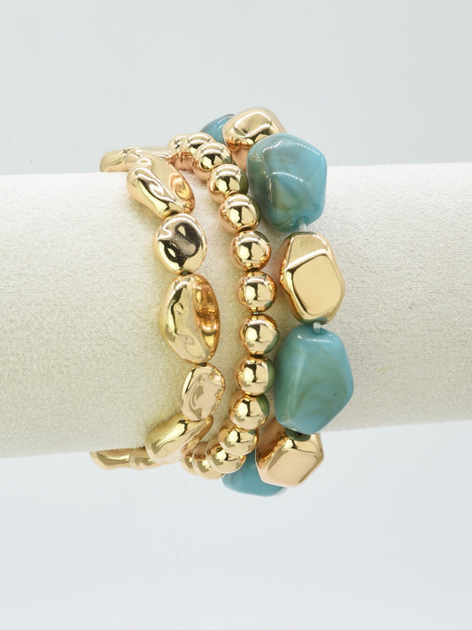Turquoise Natural Stone and Gold Set of Three Stretch Bracelet
