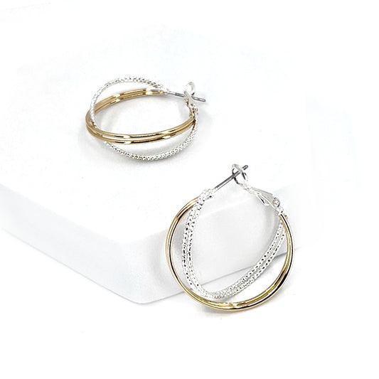 Gold with Silver Rhinestone Interlocking 1" Hoop Earring