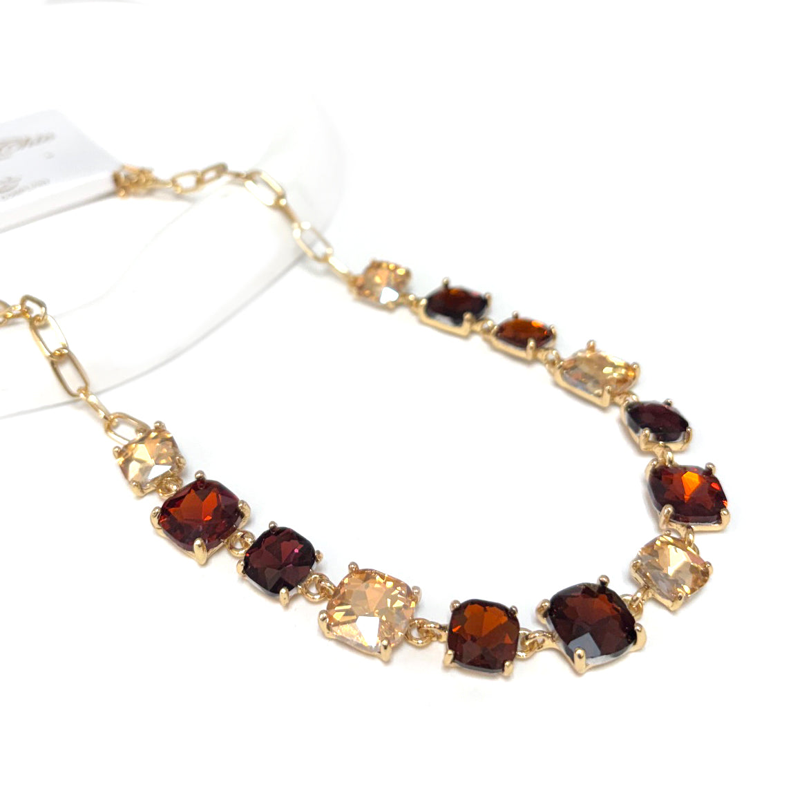 Brown Multi Squared Glass Crystal and Gold Chain 16"-18" Necklace
