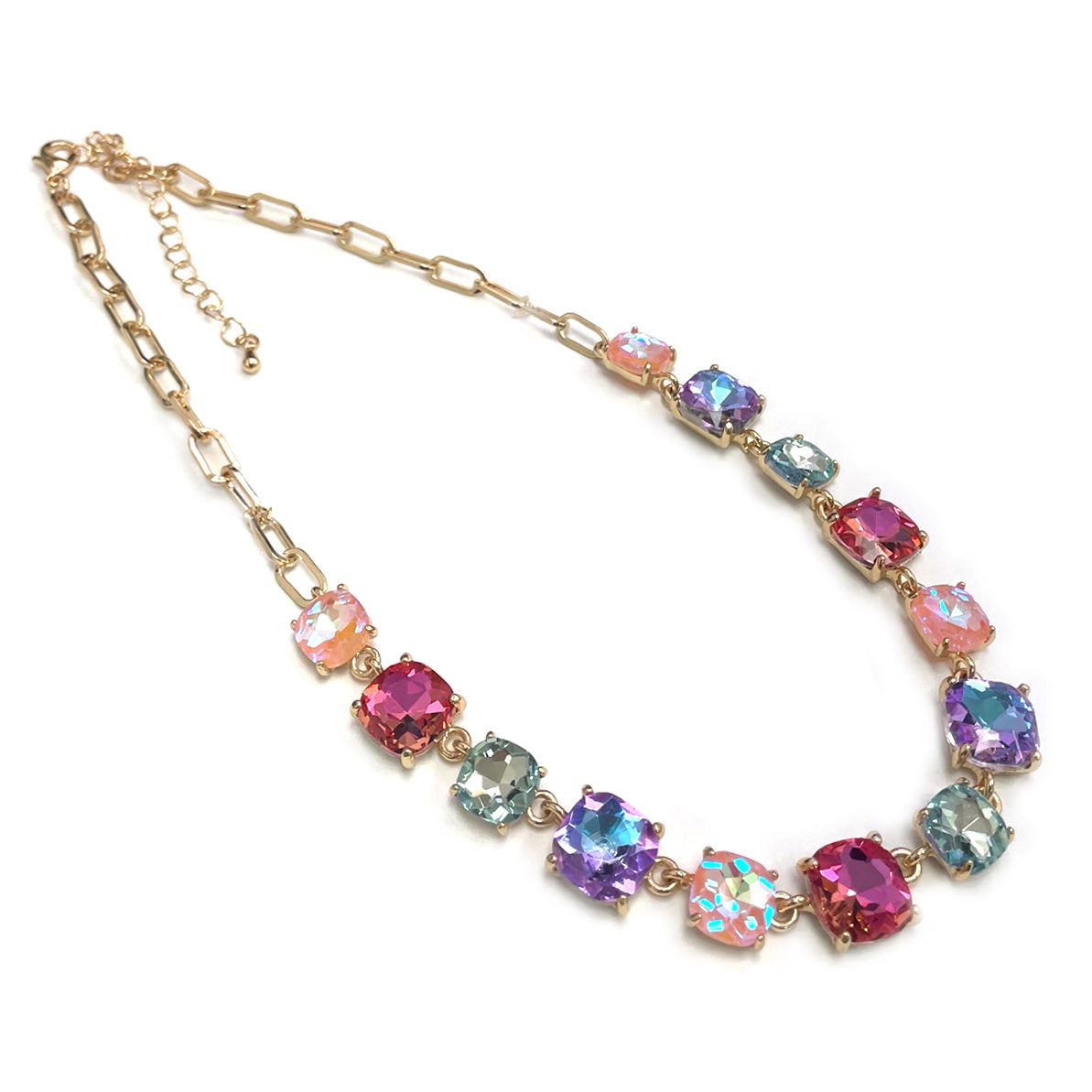 Pastel Multi Squared Glass Crystal and Gold Chain 16"-18" Necklace