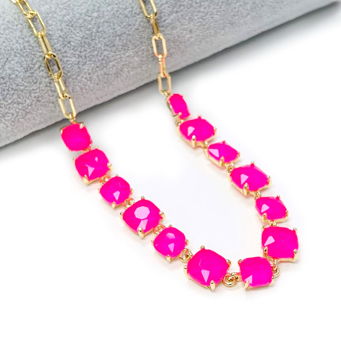 Hot Pink Squared Glass Crystal and Gold Chain 16"-18" Necklace