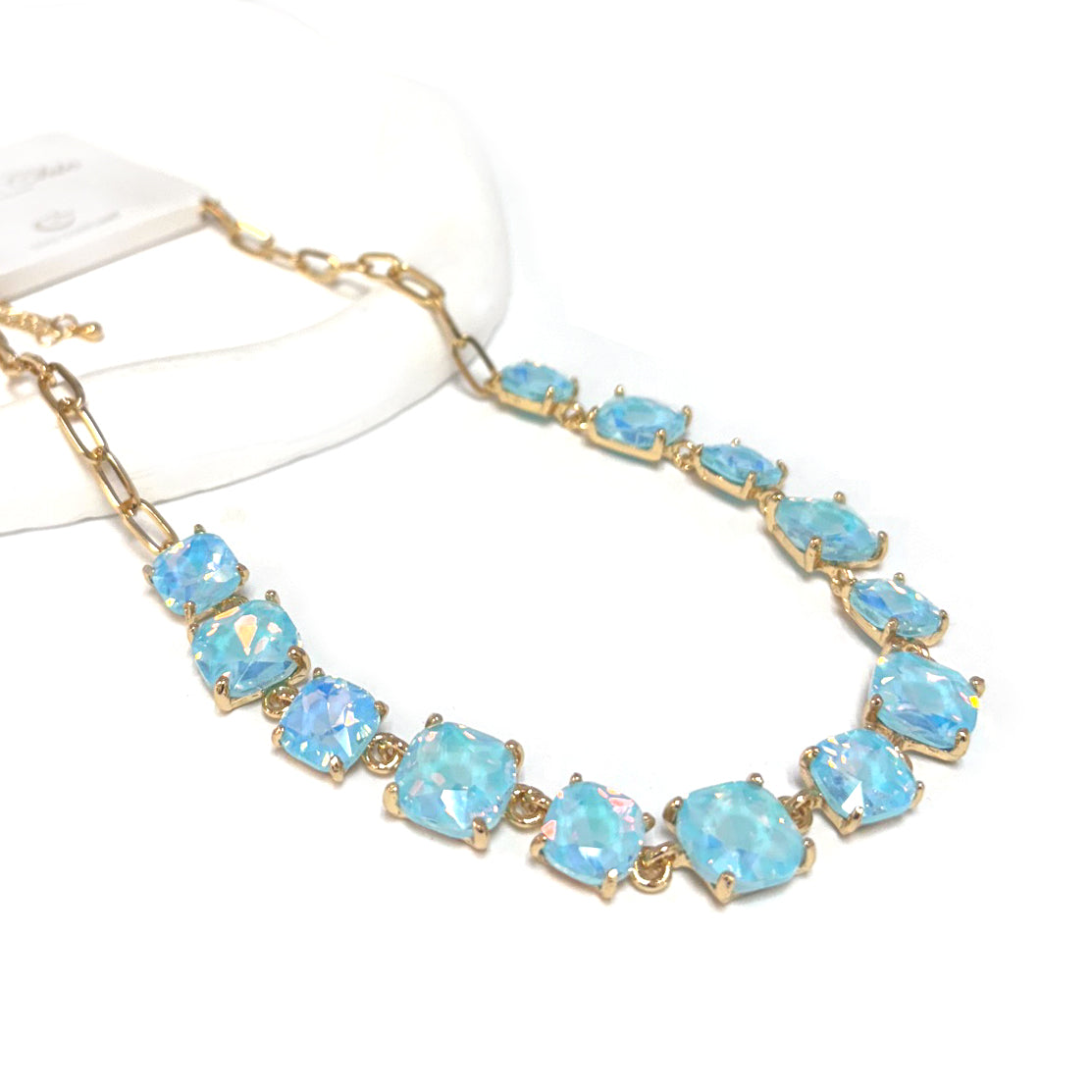 Pastel Blue Squared Glass Crystal and Gold Chain 16"-18" Necklace