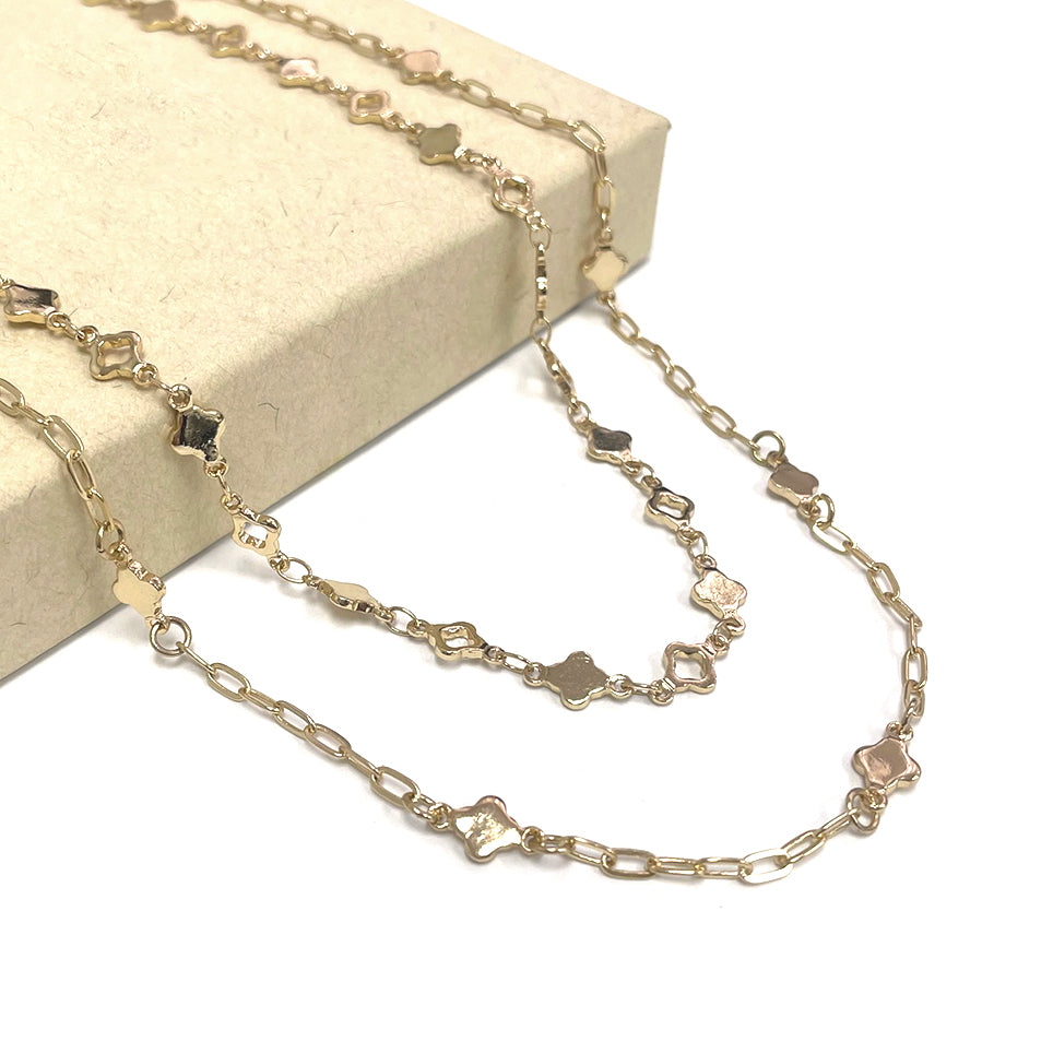 Gold Two Row Clover and Gold Chain Layered 16"-18" Necklace
