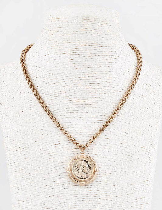 Gold Chain with Worn Gold Coin Charm 16"-18" Necklace