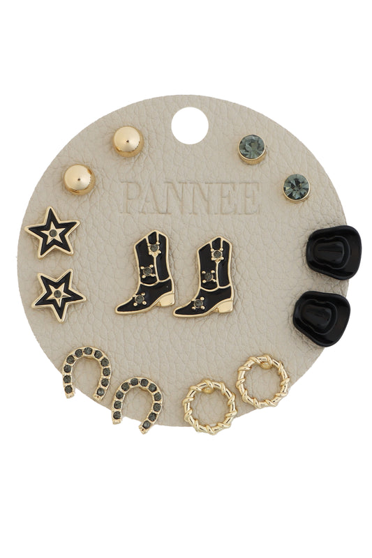 Black Cowboy Boot, Western Set of 7 Stud Earrings