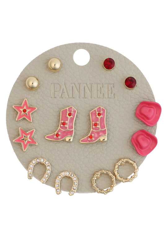 Pink Cowboy Boot, Western Set of 7 Stud Earrings