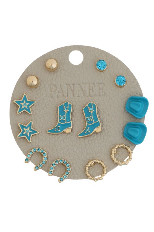 Turquoise Cowboy Boot, Western Set of 7 Stud Earrings