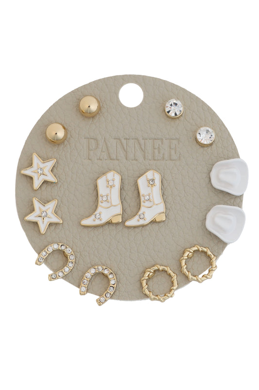 White Cowboy Boot, Western Set of 7 Stud Earrings