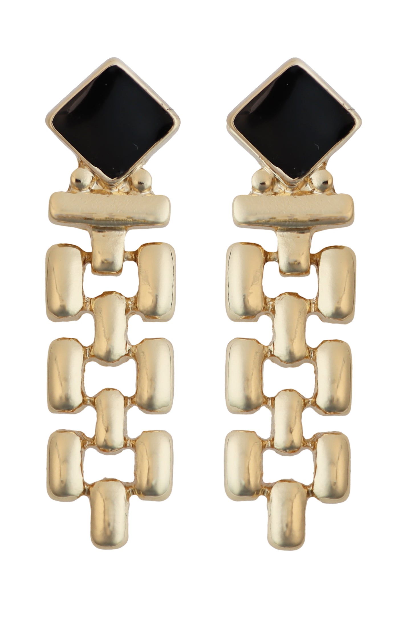 Black Enamel Square with Gold Geometric Drop 2" Earring