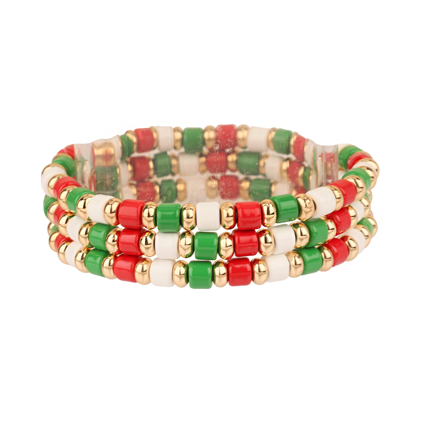 Red, Green, and White Beaded Set of 3 Christmas Stretch Bracelets