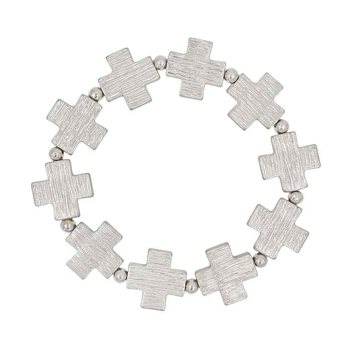 Worn Silver Textured Metal Cross Stretch Bracelets