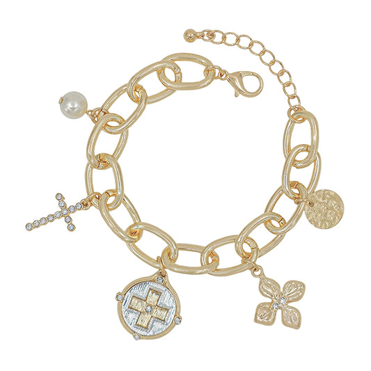 Gold Chain Bracelet with Cross and Coin Charms 7" with Extender