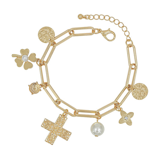 Gold Chain Bracelet with Cross and Coin Charm 7" with Extender