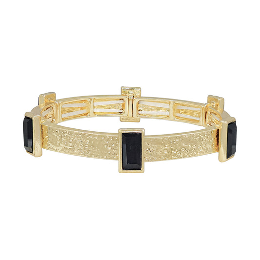 Textured Gold with Black Rectangle Crystals Stretch Bracelet