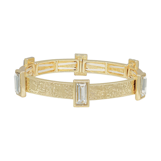 Textured Gold with Clear Rectangle Crystals Stretch Bracelet