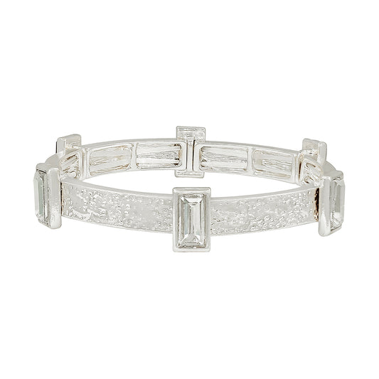 Textured Silver with Clear Rectangle Crystals Stretch Bracelet