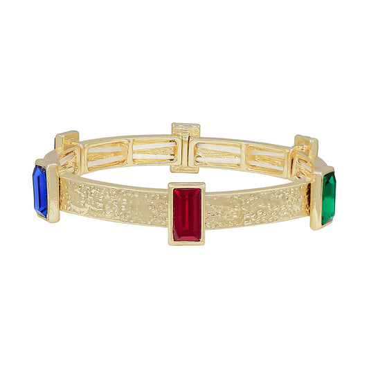 Textured Gold with Multi Color Rectangle Crystals Stretch Bracelet