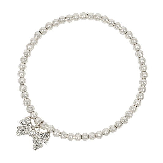 4MM Silver Beaded Stretch Bracelets with Silver Rhinestone Bow Charm