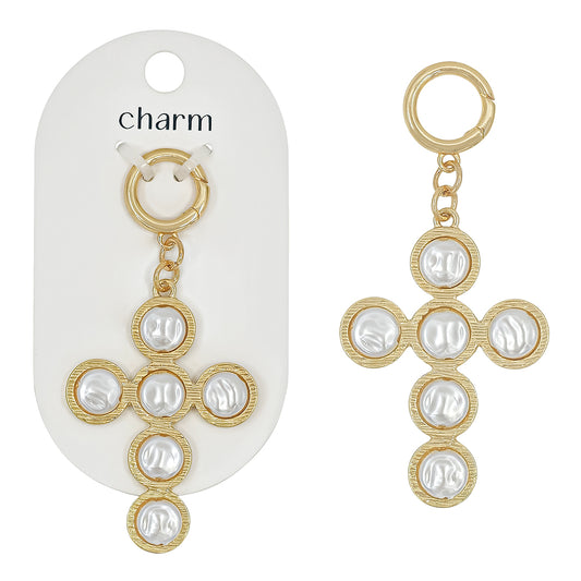 Pearl Flat Beaded Cross 1.5" Charm, Great for Scarf Necklaces